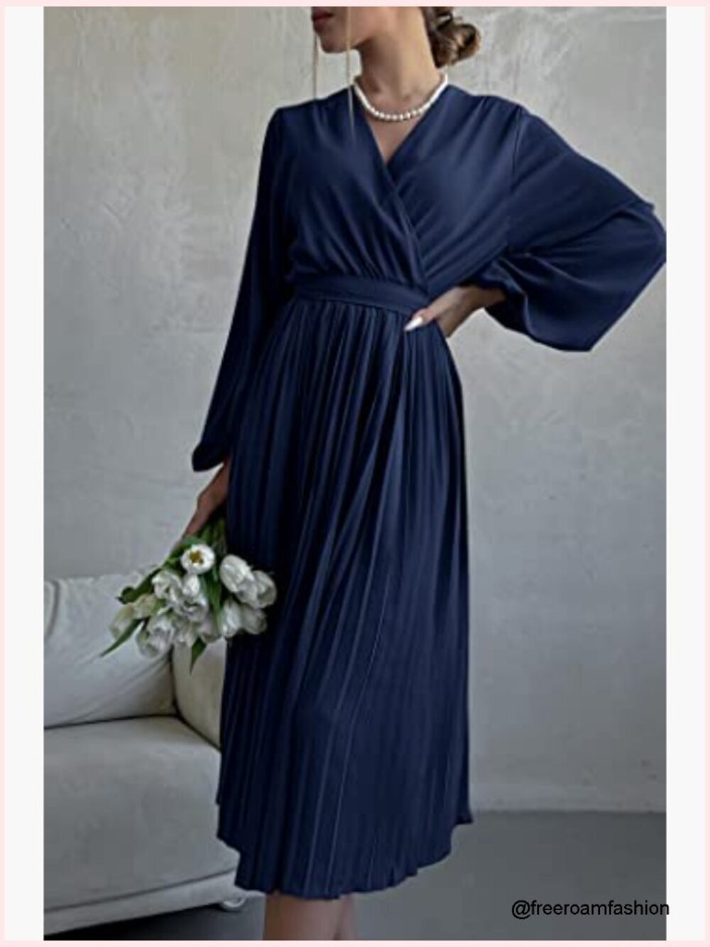 Midi Dress Long Puff Sleeve Wrap V Neck Flowy Ruffle Pleated Casual - Picture 2 of 7